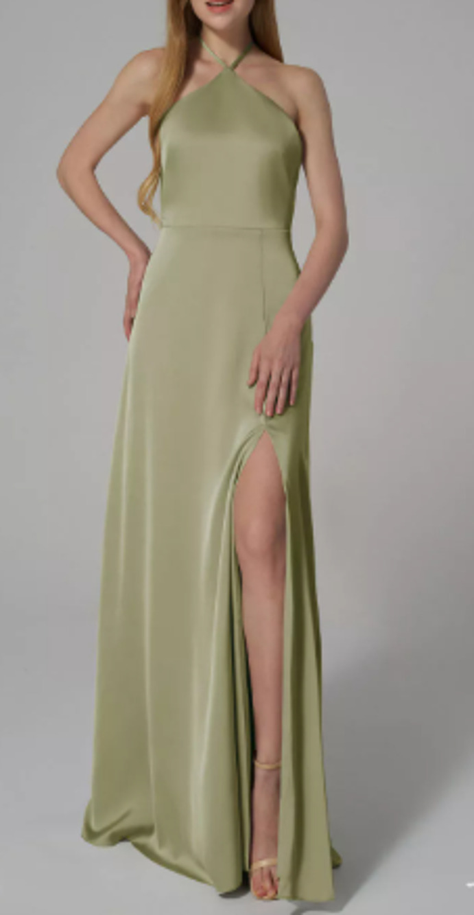 AW BRIDAL 4 S fennel seed Sidney Satin crystal halter gala maxi dress NEW b29